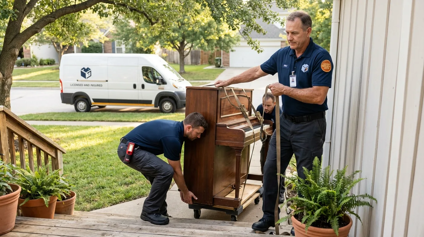 Licensed piano movers securing grand piano in Kellogg, ID
