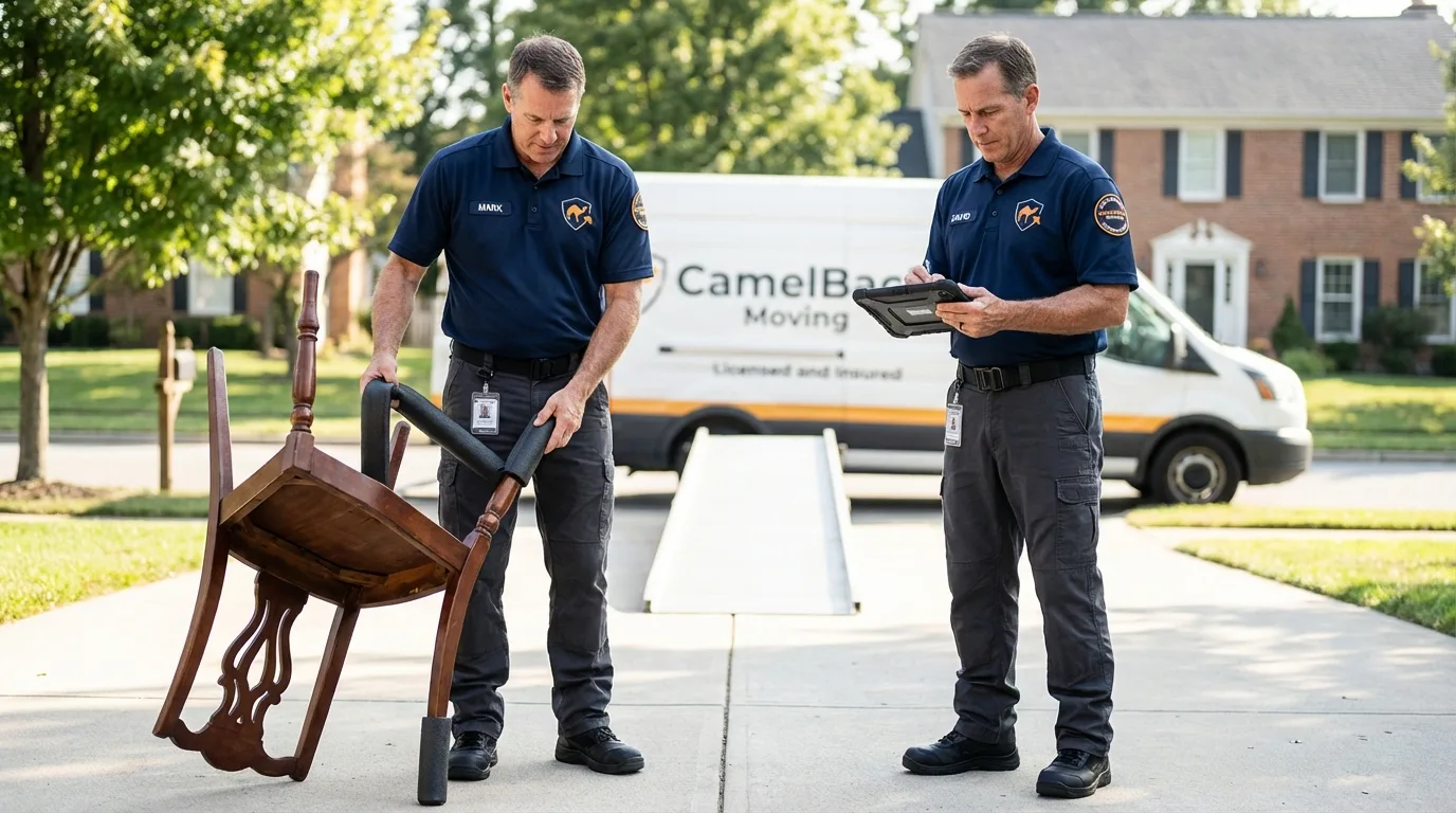Movers inspecting furniture for damage prevention before loading in Kellogg, ID
