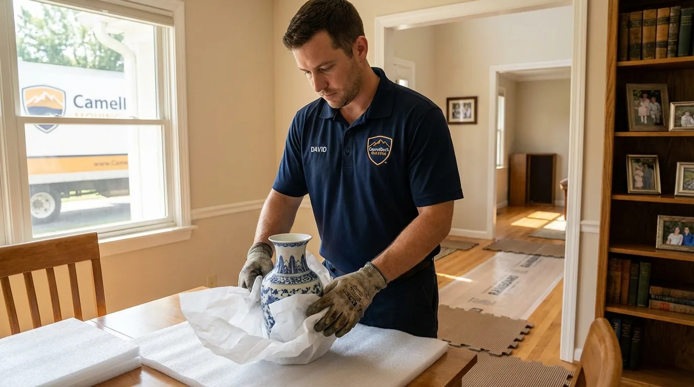 Professional crew carefully wrapping antique vase for senior downsizing move in Kellogg, ID